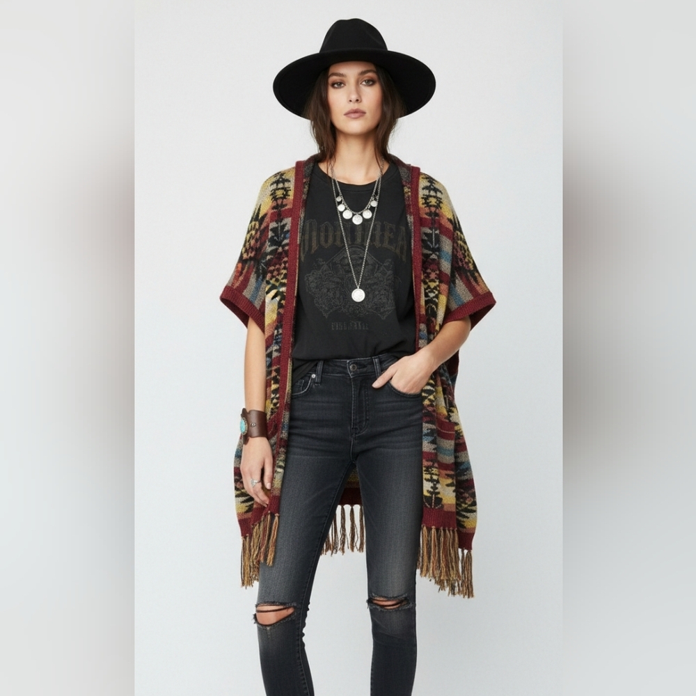 American Eagle Cardigan Poncho Hooded Fringed Knit Southwestern Boho L/XL